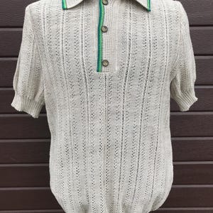 Vintage 70’s Men&#39;s Knitted T-shirt Open Knit Polo Shirt Machine Knitting Blouse Knit Top Short Sleeve Sweater Knitted Tshirt Small Medium