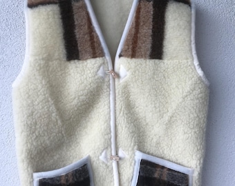 Vintage Unisex Creme Braun Natürliche Gilet Merino Lammwolle Schafwolle Weste Merino Wolle Weste Warme Winter Weste Lange Pelzweste Geschenk Mama Größe L