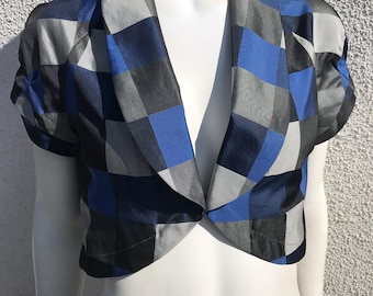 Chaqueta bolero de satén a cuadros vintage de los 90, chaqueta corta azul gris, blazer corto, blazer elegante retro para mujer, chaqueta de noche de manga corta, talla pequeña