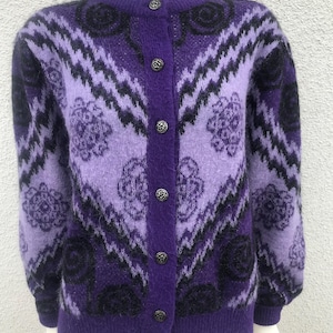 Vintage 1980&#39;S Your Sixth Sense Cardigan Sweater Geometric Floral Pattern Purple Mohair Blend Sweater Button Knit Cardigan Sweater Medium