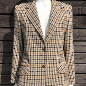 Vintage 90s Wool Jacket for Women Long Sleeve Check Button Pocket Blazer Wool Beige Brown Gray Blazer Checked Jacket Womens Plaid Blazer M
