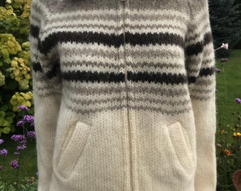 Vintage 80s Icelandic Wool Zip Jacket Runox Scandinavian Design Norwegian Iceland Cream Brown Wool Fuzzy Sweater Icelandic Winter Knitwear S