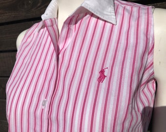 Vintage sin mangas vertical rayas algodón polo camisa 90s collar polo camiseta polo establecido 67 Ralph Lauren Polo camiseta tamaño pequeño