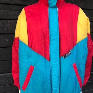 Vintage Rodan France Sport Color Blocked Jacket Colorful Winter Padded Pattern Warm Extreme 80&#39;s Retro Athletic Style Sport Outfit Sz Medium