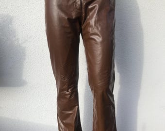 Vintage 80-tals läderbyxor dam läderbyxor bruna byxor med hög midja äkta läder dam läderbyxor storlek small