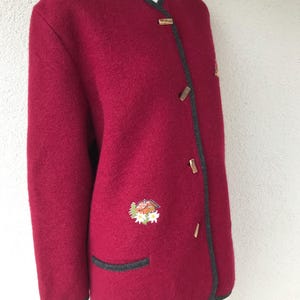 Vintage 80s Floral Embroidered 100% Wool Cardigan Austrian Tyrol BOILED Wool Trachten Jacket Burgundy Button Down Wool Cardigan Jacket XXL