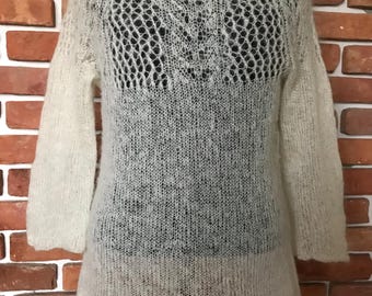 Vintage Knitted Lightweight Mohair Sweater White Cream Hand Knitted Kid Mohair Sweater Handmade Crew Neck Semi Sheer Soft Sweater Size S/M