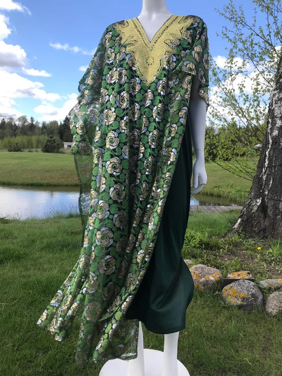 Vintage Semi Sheer Lace Dress Long Dress Kaftan Fashion Summer Maxi Dress Green Shiny Kaftan See Through Dress Women Sheer Robe Plus Size