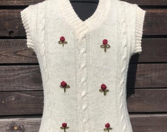Vintage 90er Jahre Hand bestickt Blumenmuster Cottagecore Creme Weste Gilet Top mit V-Ausschnitt Ärmellose Strickwolle Mischung Weste Y2K Fashion Fairycore XS