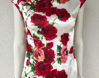 Vintage White with Red Rose Satin Chinese Style Top Blouse Mandarin Collar Zipper Short Sleeve Shirt China Blouse Asian Style Shirt Small