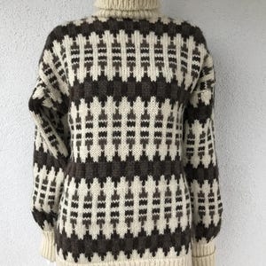 Vintage Icelandic High Neck Chunky Wool Knit Cardigan Sweater Natural Color Patterned Wool Jumper Cream Brown Norwegian Style Cardigan Large