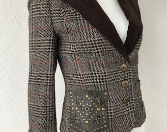 Vintage Pepe Arelanno Wool Blend Crop Casual Blazer Jacket Fitted Plaid Button up Cropped Hipster Short Blazer Boho Jacet  Size Small