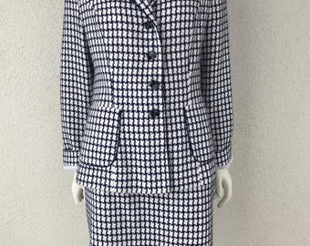 Vintage 90s Houndstooth Skirt Suit Set Blue and White Suit Two Piece Blazer and Pencil Skirt Set Tailored Blazer and Midi Skirt Size Medium