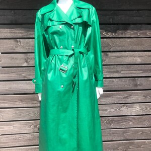 Vintage Stylish Rukka Finland Stylish Long Belted Raincoat Bright Green Rubber Parka Long Sleeves Women Trench Coat Belted Long Jacket Sz XL