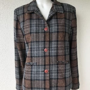 Giacca vintage anni '80 in misto lana con design Paul Harris da donna, a maniche lunghe, con bottoni e tasche a quadri, grigia e marrone, a quadri, da donna, taglia L