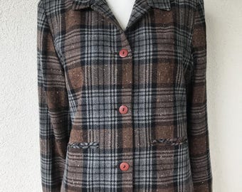 Vintage 80s Paul Harris Design Wool Blend Jacket for Women Long Sleeve Check Button Pocket Blazer Gray Brown Blazer Plaid Women's Jacket L