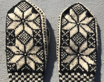 Guantes de lana noruegos tejidos a mano, mitones nórdicos, guantes de invierno de lana hechos a mano, cálidos mitones vintage para mujer - Talla grande para mujer, 8/9