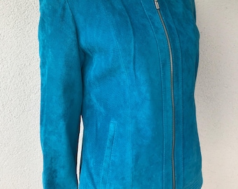 Vintage 90er Jahre WILDLEDER Jacke JAZZ Damen Wildlederjacke Türkis Blau Wildleder-Front-Reißverschlussjacke Wildleder-Blazer Cowgirl-Jacke Größe XS/S