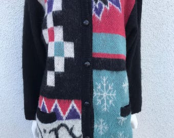 Vintage 80s Alafoss  Icewool Icelandic Knit Wool Mohair Cardigan Black Colorful Knit Button Pockets Crew Neck Fuzzy Sweater Size Medium