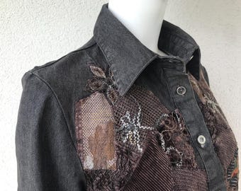 Vintage Women's Denim Shirt Patched and Embroidered Black Denim Button Up Long Sleeve Shirt Cottagecore Blouse Upcycled Boho Size Medium