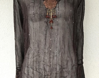 Vintage 90s Luxury Beaded Sequined Long Sleeve Shirt Sheer Gauze Mesh Lace Blouse with Brooch Beaded Sequined Brown Vintage Top S / M