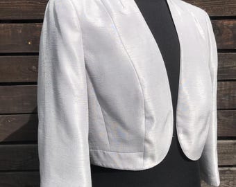 Vintage Light Gray Bolero Jacket 90s Cropped Jacket Open Front Satin Blazer Ladies Elegant Retro Blazer 3/4 Sleeve Evening Shrug Size XL