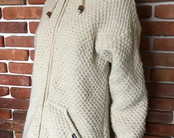 Vintage Laundromat Knitted Woolen Jacket Cream Fleece Lining Hooded Woman Handmade in Nepal Aran Cable Wool Short Large Ivory Coat Sweater