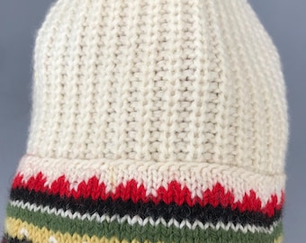 Vintage Hand Knit Woolen Cap Cream Ivory Coloured Border