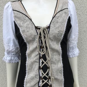 Vintage Stockerpoint Trachten Top Black White Beige Cotton Crocket Gingham Ladies Dirndl Tee Puffed Short Sleeves Lace Up Waisted Top Large