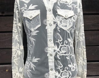 Vintage Denim und Versorgung Ralph Lauren Langarm geknöpft schiere bestickt Shirt Top weiß, cremefarbene Spitze Bluse, Cottage Core Shirt S