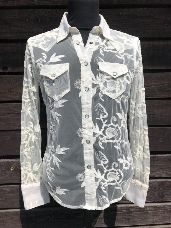 Vintage Denim And Supply Ralph Lauren Long Sleeve Buttoned Sheer Embroidered Shirt Top White Cream Colored Lace Blouse Cottage Core Shirt S