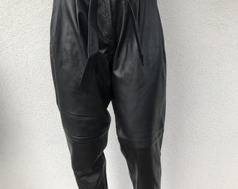Vintage COPENHAGEN MUSE Galife Style Leather Pants Women's Leather Trousers Black High Waisted Genuine Leather Pleat Fight Pockets Pants L