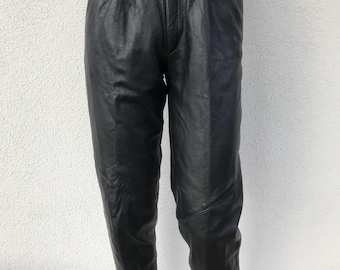 Vintage 90s Leather Pants Women's Leather Trousers Black High Waisted Pants Genuine Leather Woman Leather Trousers Pleat Pockets Small