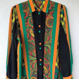 Vintage Colorful Print Shirt Vintage Front Slit Abstract Floral Print Long Sleeve Multi Color Blouse Silk Feel Statement 90s Top Size Large