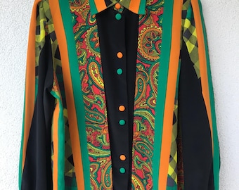 Camisa vintage con estampado colorido, abertura frontal vintage, estampado floral abstracto, blusa multicolor de manga larga, tacto de seda, estilo años 90, talla grande