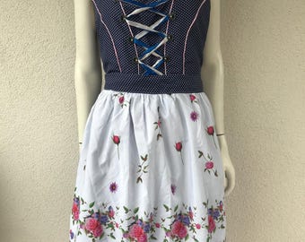 Vintage Midi Austrian Dirndl Dress Apron Satin Oktoberfest Sleeveless Dress Bavarian Trachten Festival Traditional Outfit Size Large