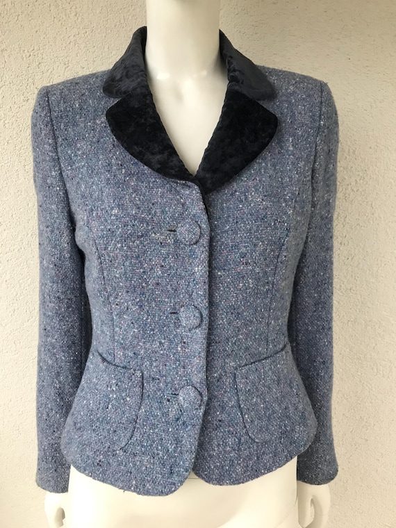 Vintage 80s LK Bennett Flecked Wool Jacket Velvet Collar Long Sleeve Textured Blue Cream Button Women's Blazer Pockets Tweed Blazer XS/S