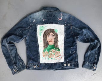 Vintage Personalised Hand Painted Blue Denim Jacket with a Picture of a Girl with Brown Hair and Flowers Unique Patchwork Denim Jacket Small