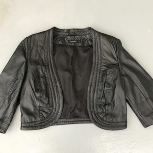 Vtg Veste en cuir douce pour femme Veste en cuir noire pour femme Veste en cuir courte à manches 3/4 Veste courte boléro en cuir Moyenne