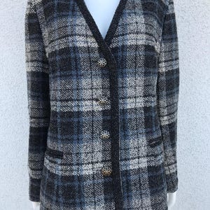 Vintage Plaid Wool Blazer in Gray Cream Blue Oversized Check Lana Wool Jacket Checkered Wool Blazer 90s Button Jacket With Pockets Plus Size