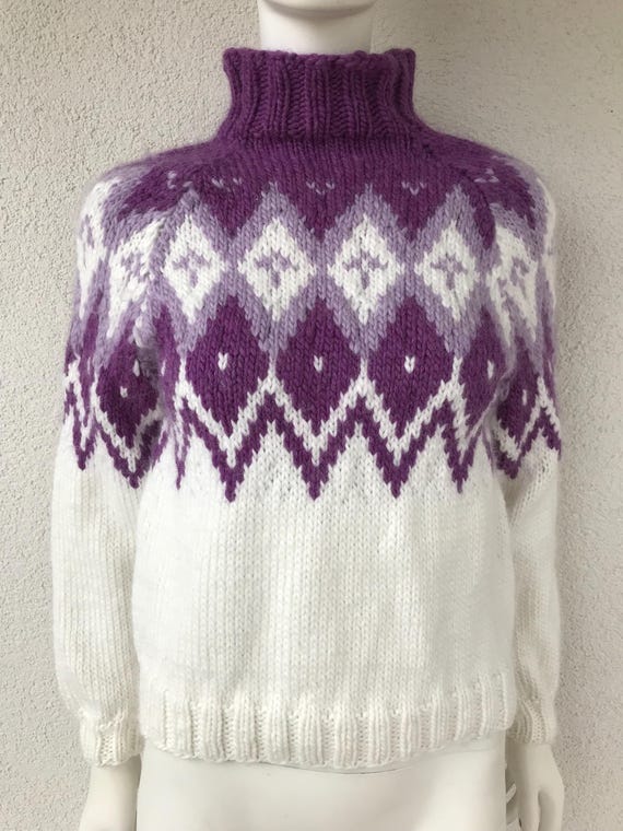 Cardigan islandais vintage fait main en grosse laine pull col haut