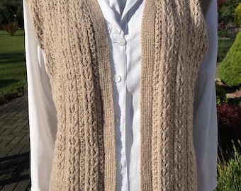 Vintage 90s Soft Braid Vest Hand Knit Wool Waistcoat in Beige Open Front Knitted Sleeveless Cable Sweater Vest Handmade Wool Vest Medium