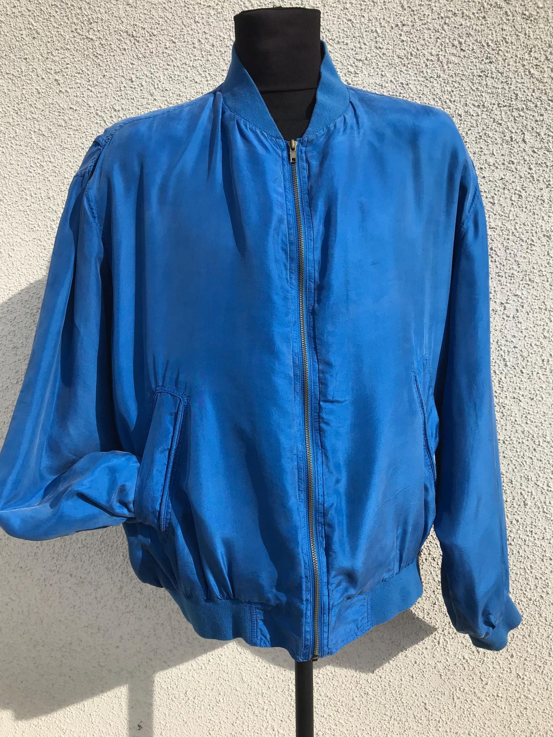 Vintage 90s Men's Silk Bomber Jacket Blouson Blue Light Spring Summer ...