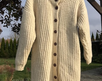 Vintage Hand Knitted Wool Cardigan Long Natural Cream Women's Cardigan Sweater Button Closure Handmade Chunky Cable Knit Wool Coat Sz Medium