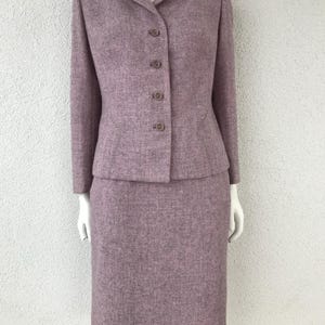 Vintage 70s Arezia Lebole Women&#39;s Two Piece Set Tweed Wool Pink Gray Skirt Suit Retro 2 Piece Suit Skirt and Jacket Warm Winter Suit Small