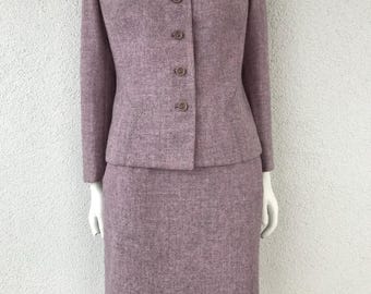 Vintage 70s Arezia Lebole Women&#39;s Two Piece Set Tweed Wool Pink Gray Skirt Suit Retro 2 Piece Suit Skirt and Jacket Warm Winter Suit Small
