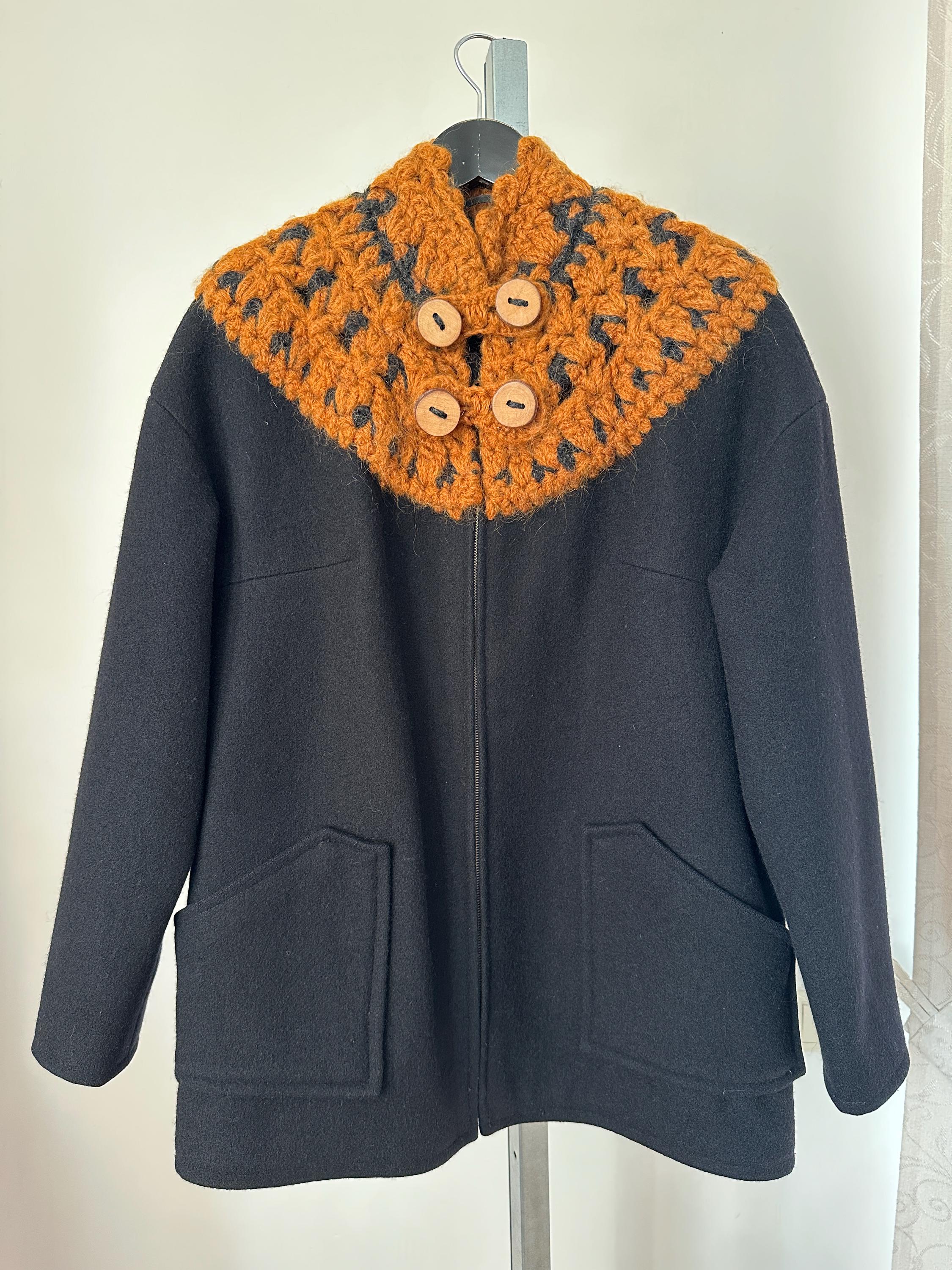 Vintage 90s Black Wool Short Coat Jacket for Women With Knitted
