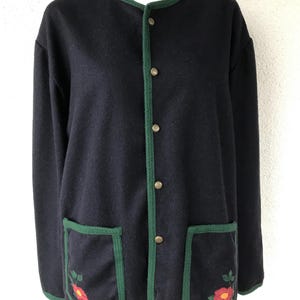 Vintage Trachten Wool Applique Jacket Wenche  Hestad Folk Country Jacket Blazer Navy Blue Wool Cardigan Jacket Applique Jacket Large