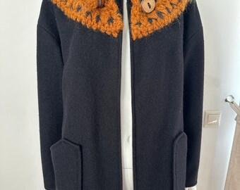 Vintage 90s Black Wool Short Coat Jacket for Women With Knitted