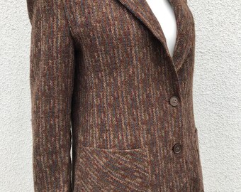 Wool Jacket for Women Vintage 70's Long Sleeve Multicolor Woven Stripe Button Pocket Blazer Wool Brown Tweed Blazer Teal Women's Jacket S/M